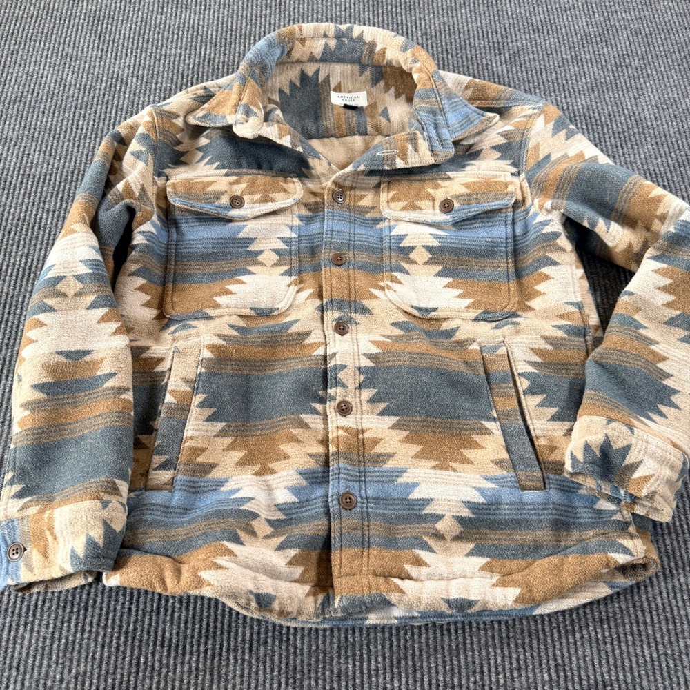 American Eagle Women Blue Tan Southwestern Geometric Fleece Oversized Shacket S